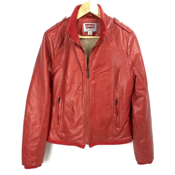 Levis Faux Red Leather Fleece Lined Truckers Jacket Medium - Picture 2 of 13